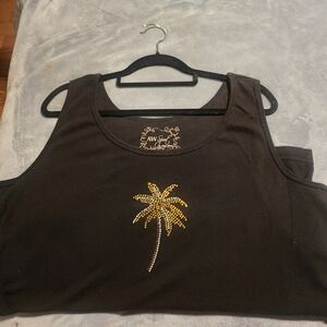 3/$12 Or $5 Each.                Plus Size Black Tank Top w/ Gold Palm Design!
